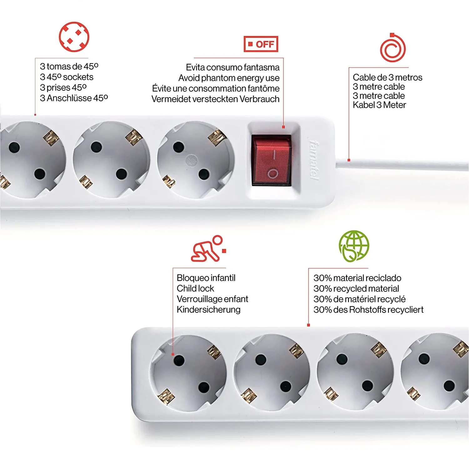 Base De Enchufe 3 Tomas Con Interruptor 1.5 M Blanco