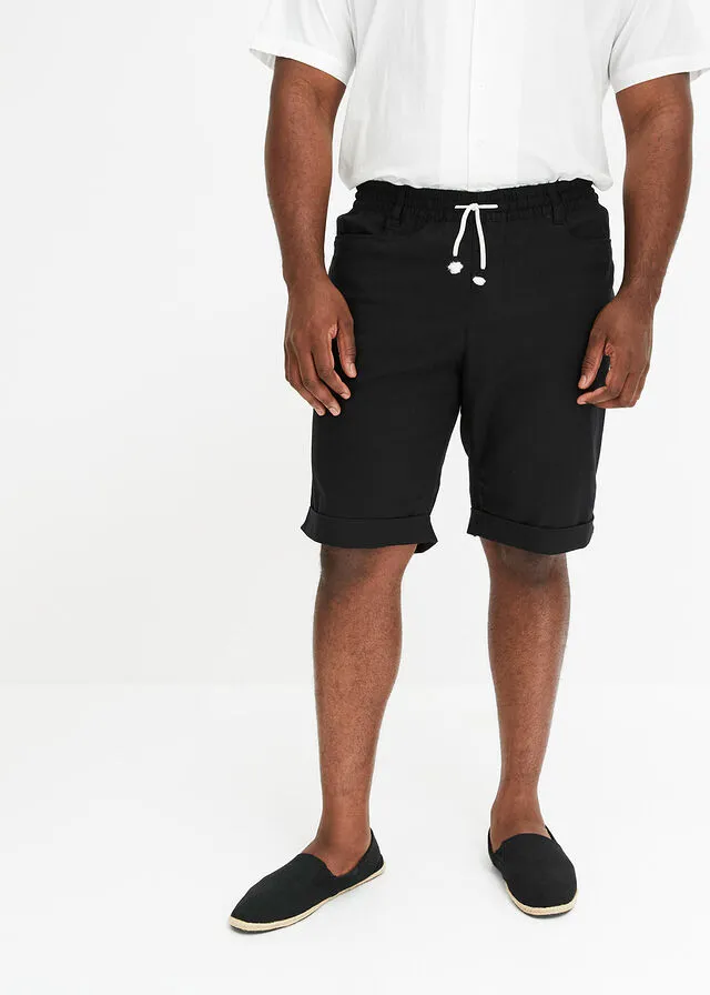 Bermudas elásticas de mezcla de lino, corte regular Negro