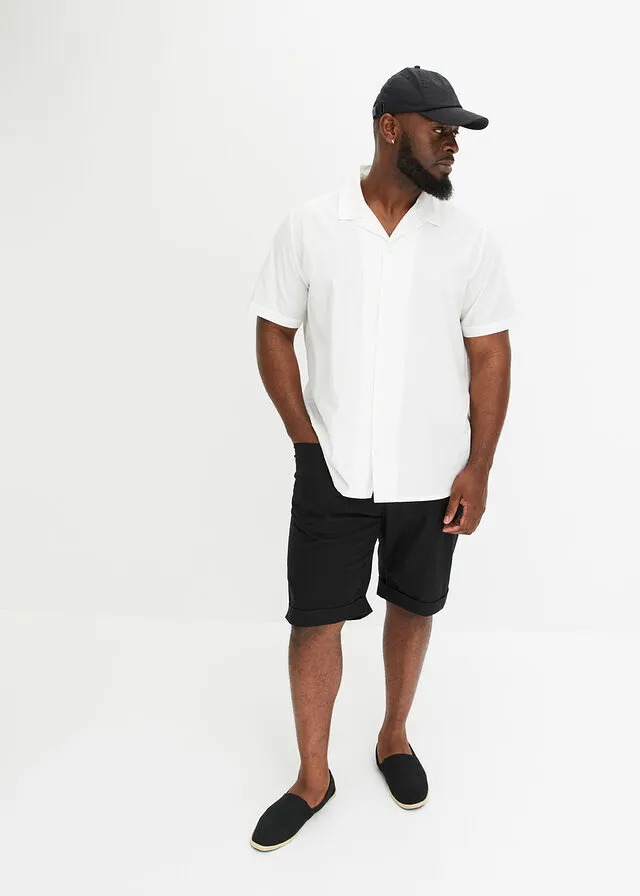 Bermudas elásticas de mezcla de lino, corte regular Negro