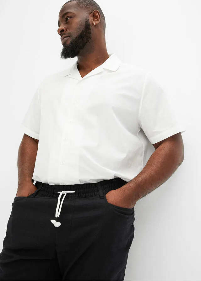 Bermudas elásticas de mezcla de lino, corte regular Negro