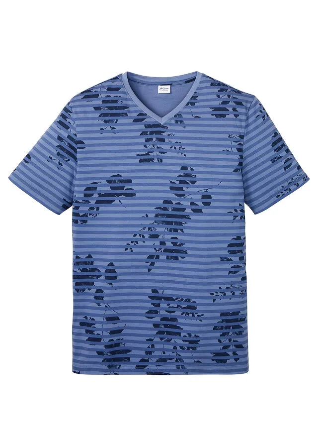 Camiseta con escote en V azul vaquero rizado