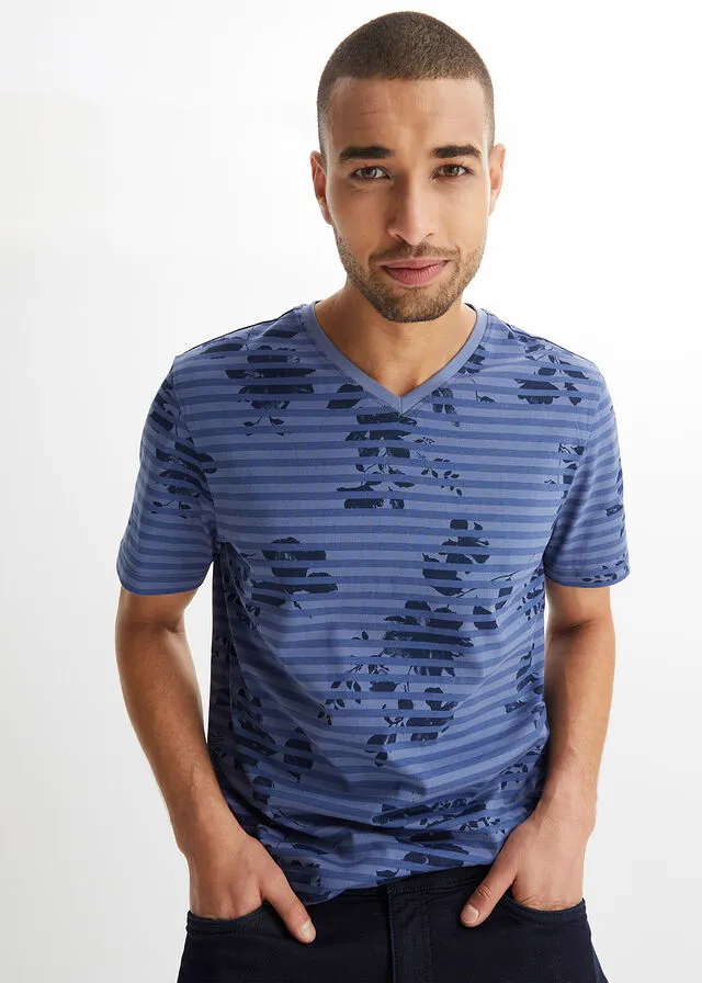 Camiseta con escote en V azul vaquero rizado