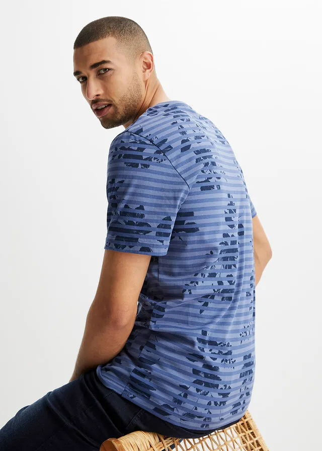 Camiseta con escote en V azul vaquero rizado