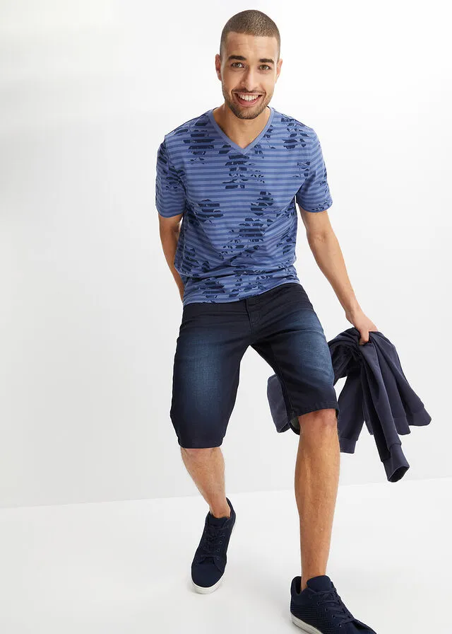 Camiseta con escote en V azul vaquero rizado