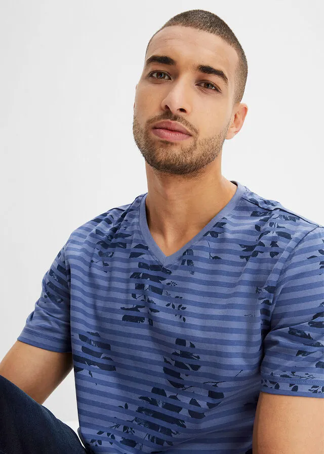 Camiseta con escote en V azul vaquero rizado
