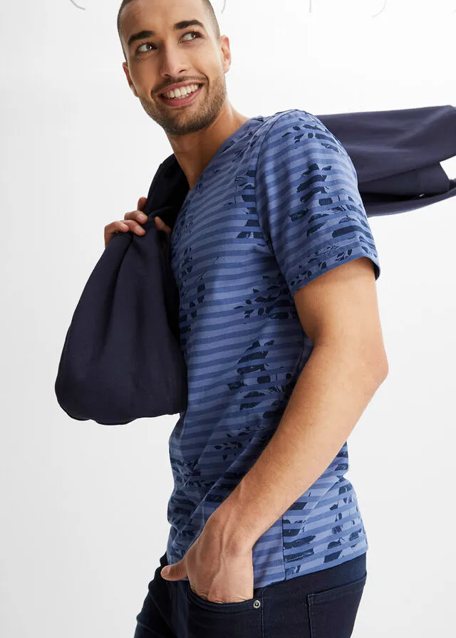 Camiseta con escote en V azul vaquero rizado