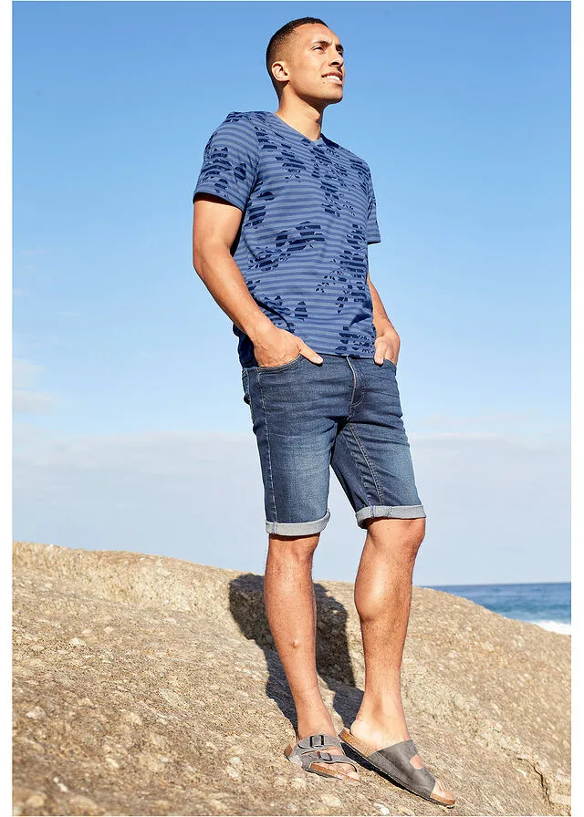 Camiseta con escote en V azul vaquero rizado