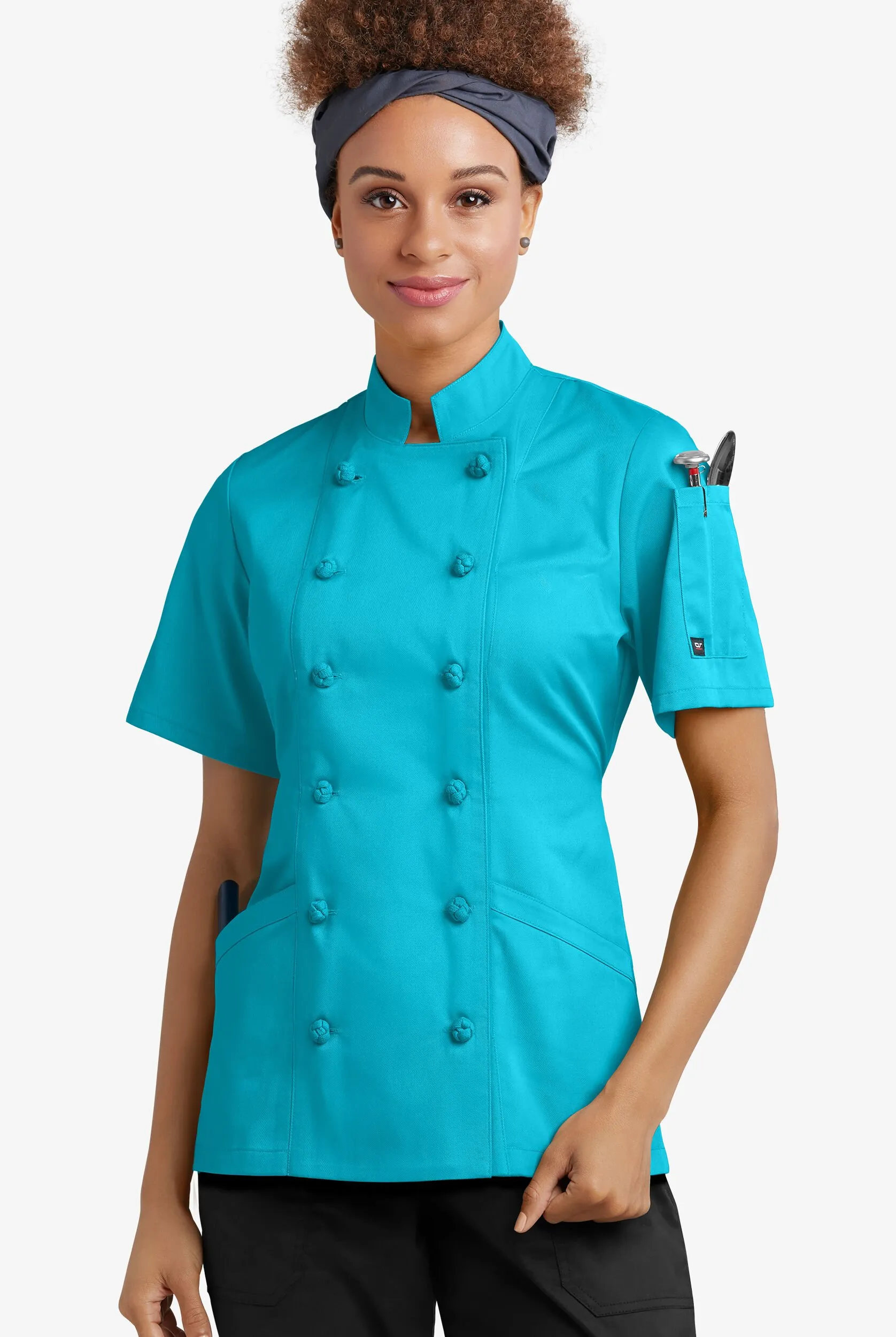 Chaqueta manga corta de gastronomía con 3 bolsillos y botones de tela anudada para mujer