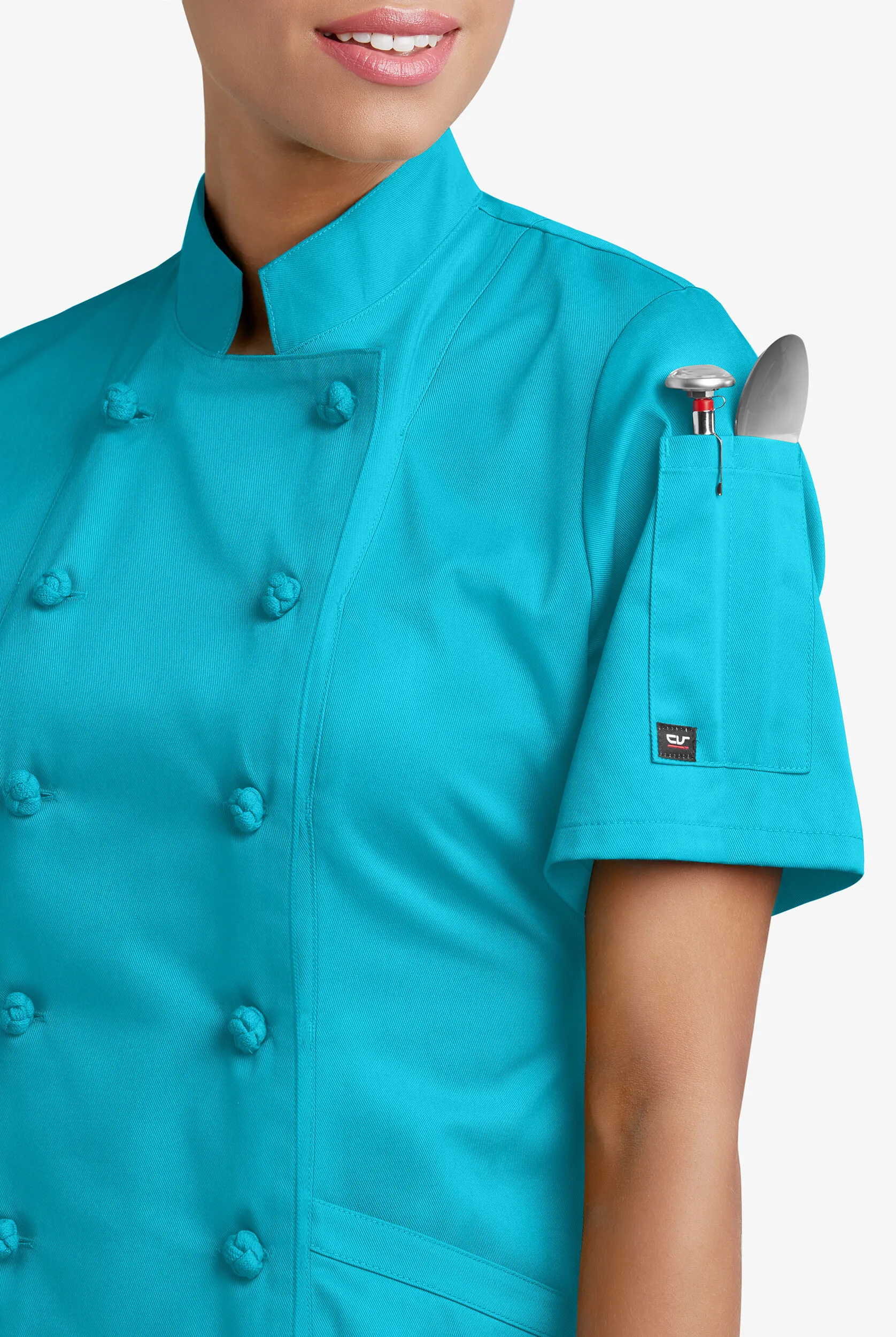Chaqueta manga corta de gastronomía con 3 bolsillos y botones de tela anudada para mujer
