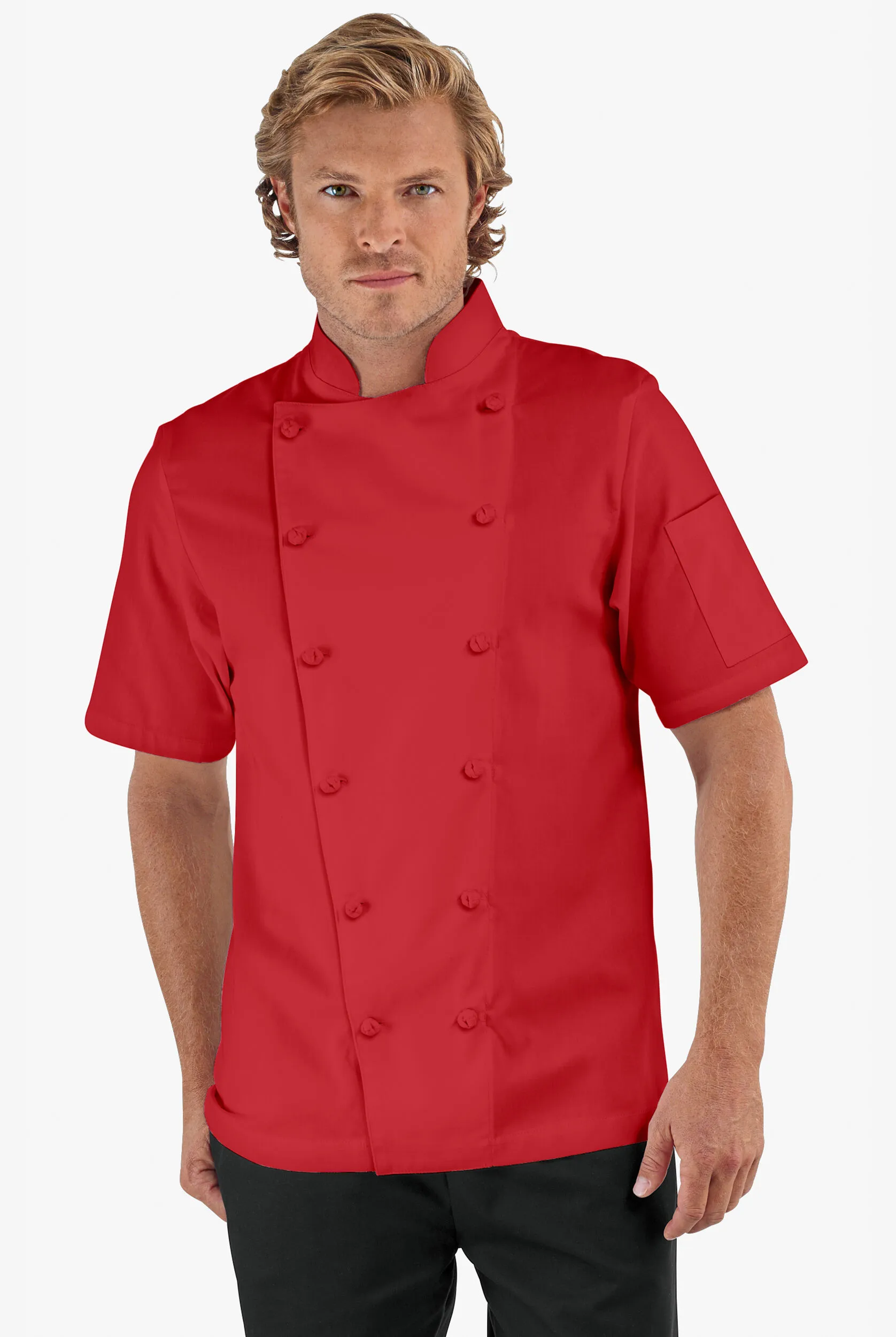 Chaqueta manga corta de gastronomía de corte clásico con 1 bolsillo y botones de tela anudada para hombre