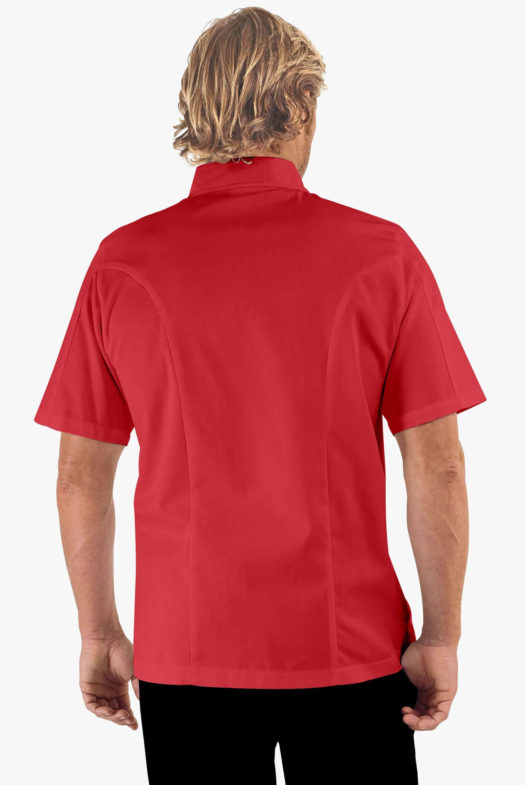 Chaqueta manga corta de gastronomía de corte clásico con 1 bolsillo y botones de tela anudada para hombre