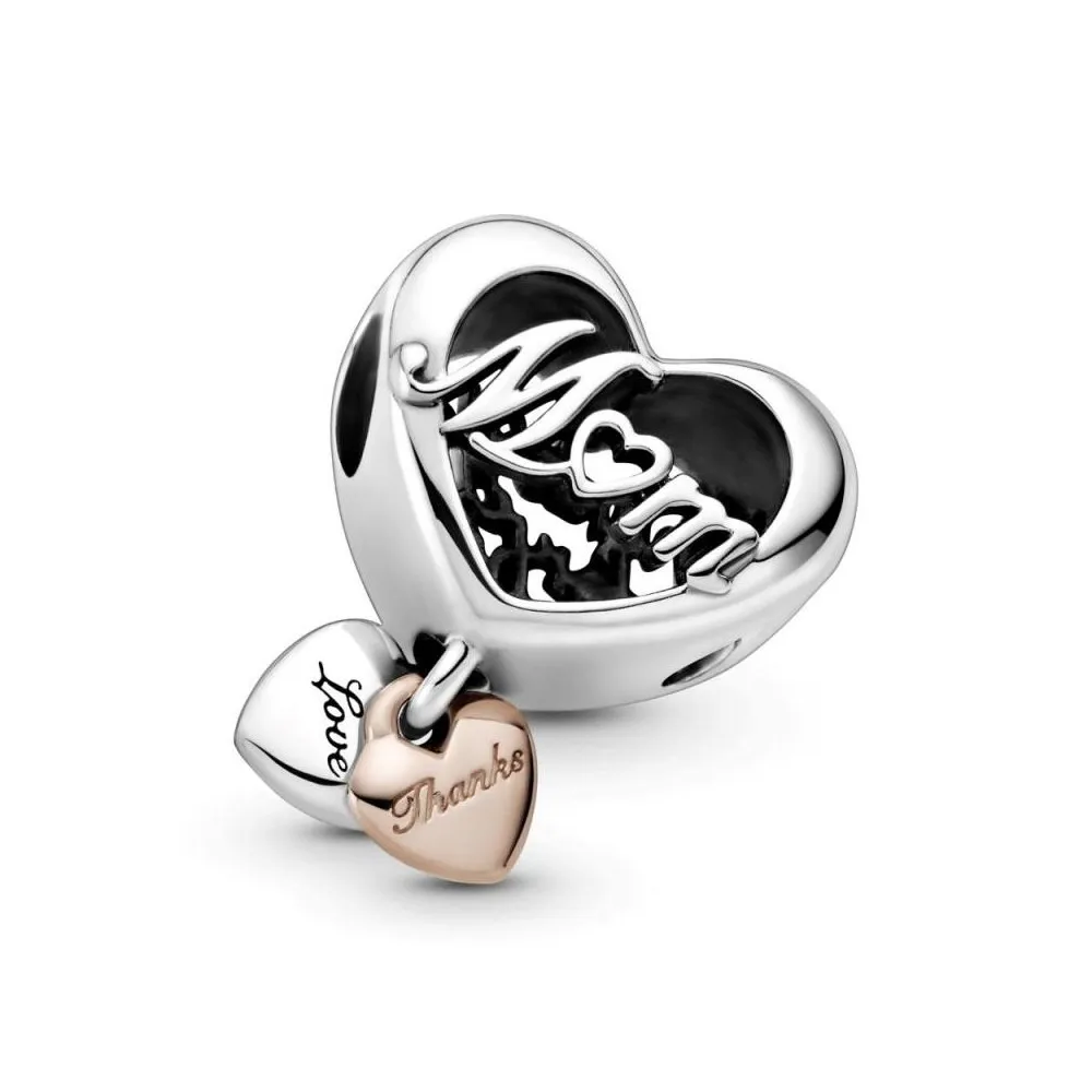 Charm Pandora de plata de Mamá y corazón rose