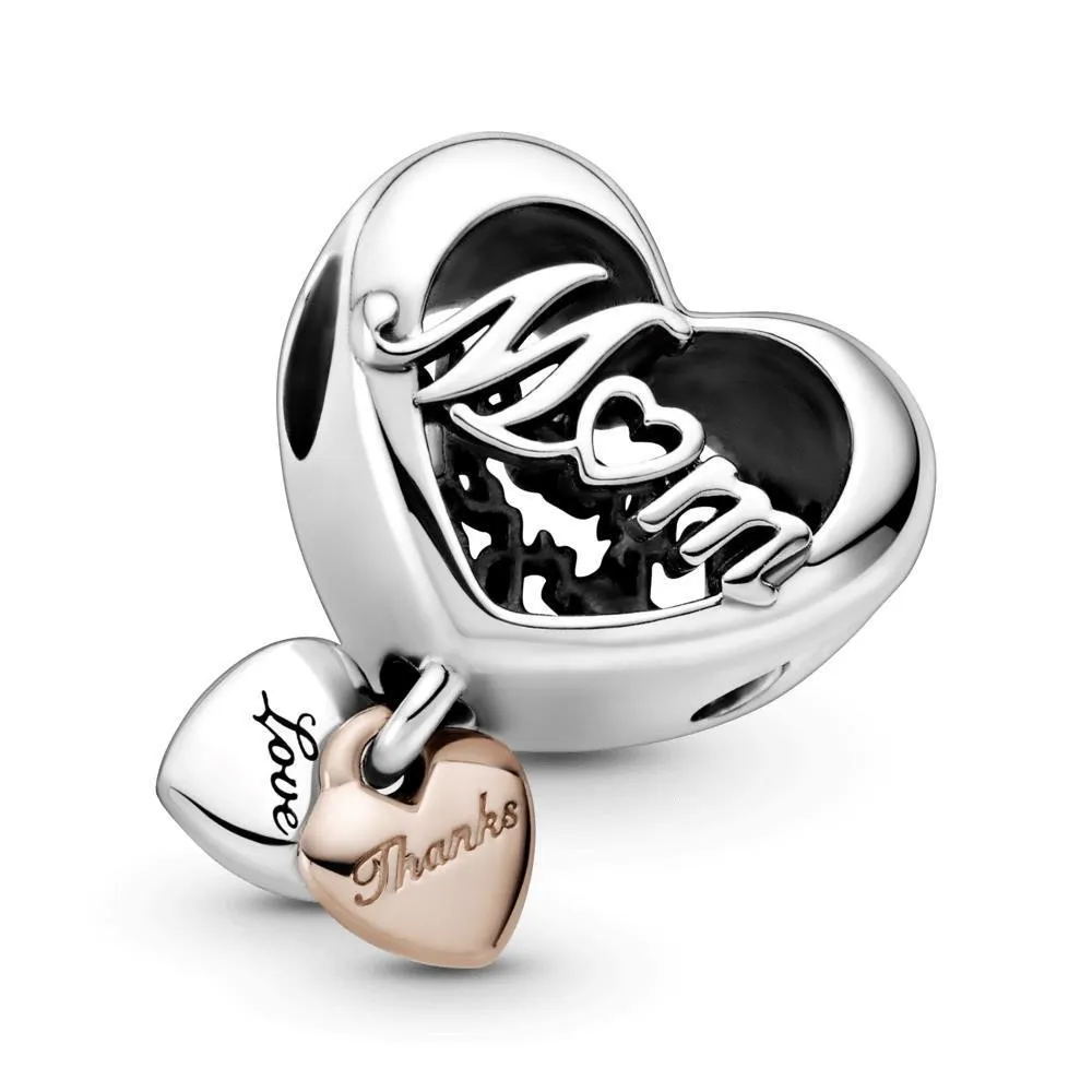 Charm Pandora de plata de Mamá y corazón rose
