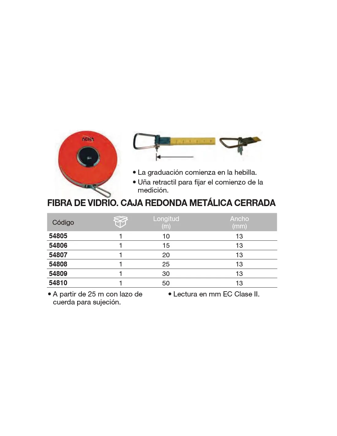 Cinta métrica de fibra de vidrio. Caja redonda metálica cerrada 25m x 13mm