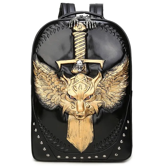Cool PU Stereo Angel Wings Sword Wild Wolf Rivets Large Punk Animal Backpack 