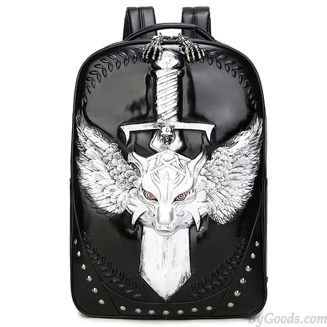 Cool PU Stereo Angel Wings Sword Wild Wolf Rivets Large Punk Animal Backpack 