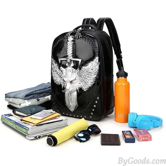 Cool PU Stereo Angel Wings Sword Wild Wolf Rivets Large Punk Animal Backpack 