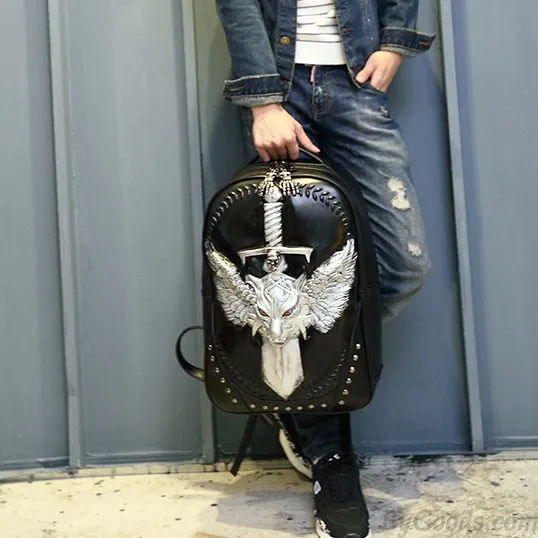 Cool PU Stereo Angel Wings Sword Wild Wolf Rivets Large Punk Animal Backpack 