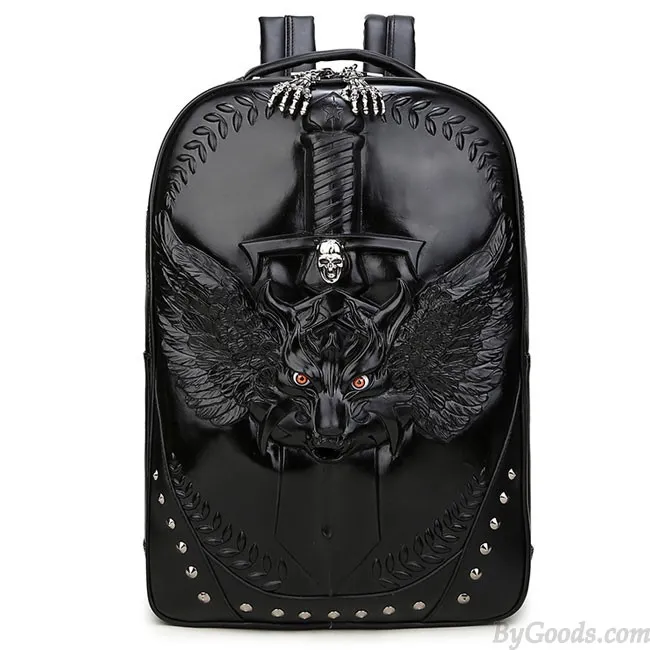 Cool PU Stereo Angel Wings Sword Wild Wolf Rivets Large Punk Animal Backpack 