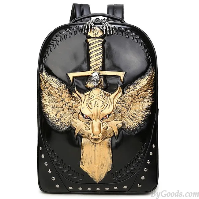 Cool PU Stereo Angel Wings Sword Wild Wolf Rivets Large Punk Animal Backpack 