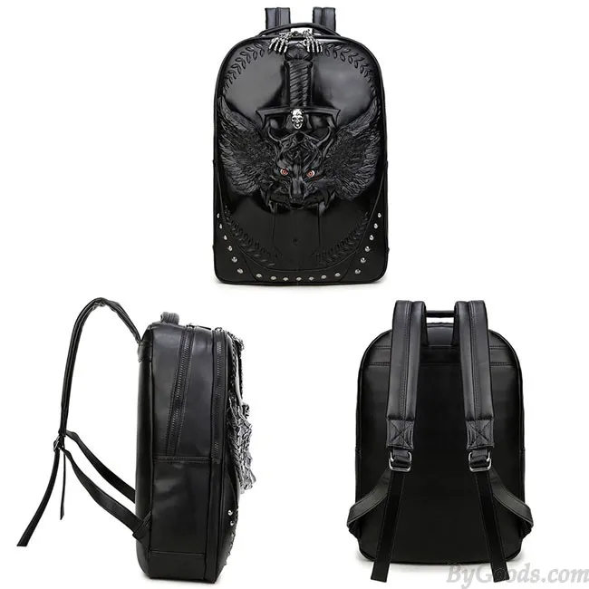 Cool PU Stereo Angel Wings Sword Wild Wolf Rivets Large Punk Animal Backpack 