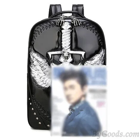 Cool PU Stereo Angel Wings Sword Wild Wolf Rivets Large Punk Animal Backpack 