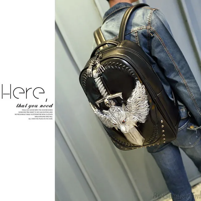 Cool PU Stereo Angel Wings Sword Wild Wolf Rivets Large Punk Animal Backpack 