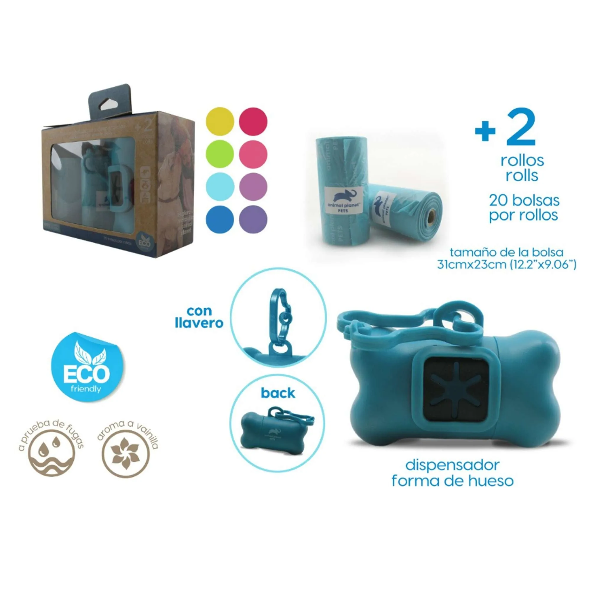 Dispensador Bolsas Desechos + 2 Rollos Colores Surtidos