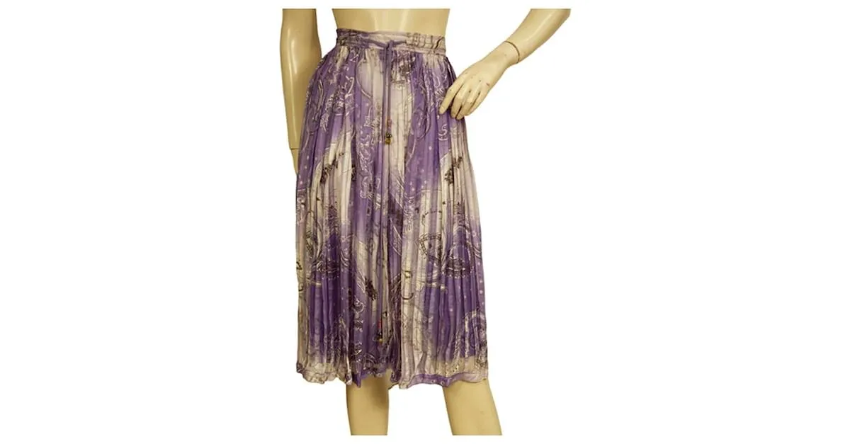 Etro púrpura 100% Falda midi hasta la rodilla con cordón plisado de seda 40 