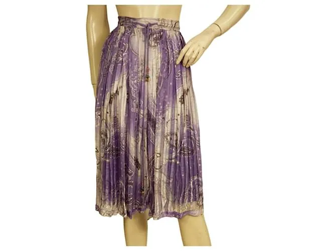 Etro púrpura 100% Falda midi hasta la rodilla con cordón plisado de seda 40 