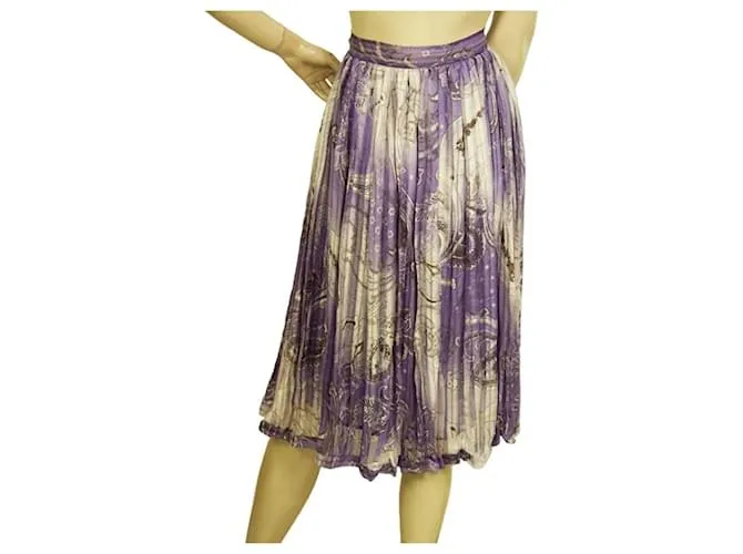 Etro púrpura 100% Falda midi hasta la rodilla con cordón plisado de seda 40 