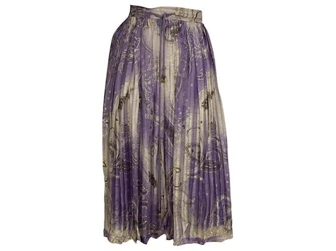 Etro púrpura 100% Falda midi hasta la rodilla con cordón plisado de seda 40 