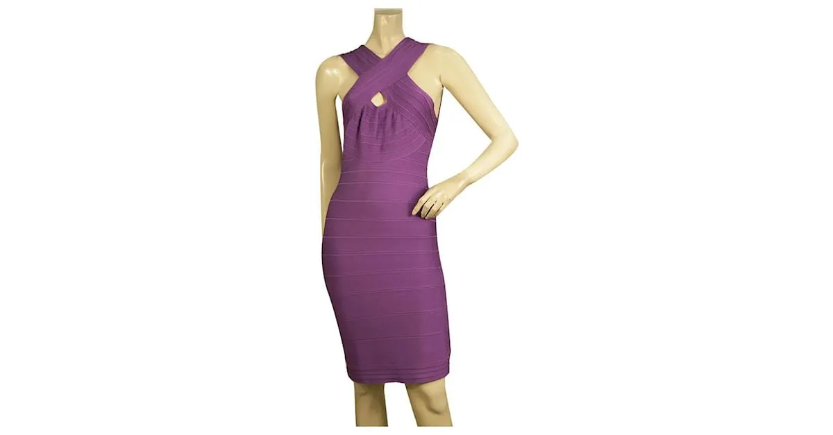 Herve Leger púrpura vendaje Bodycon sin mangas Mini longitud vestido talla M 