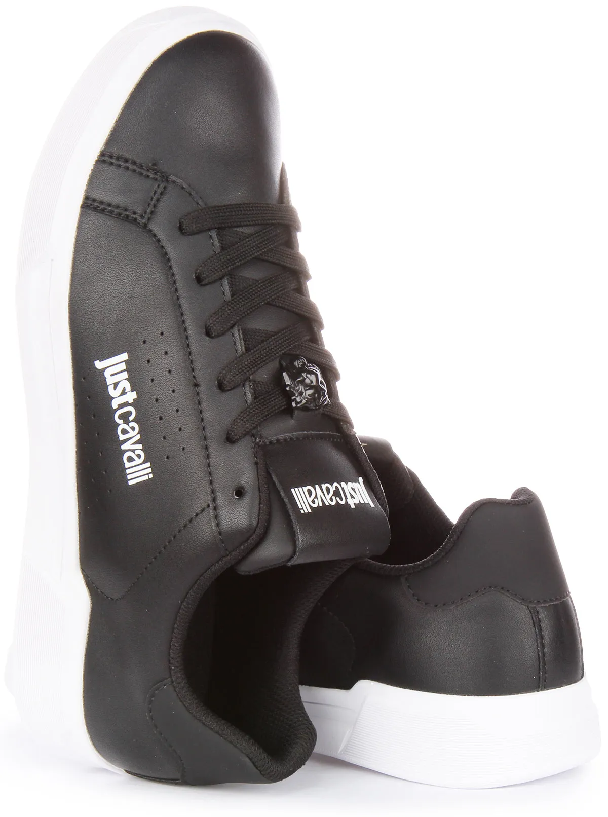 Just Cavalli Fondo Zapatillas con cordones de piel sintética para hombre en blanco