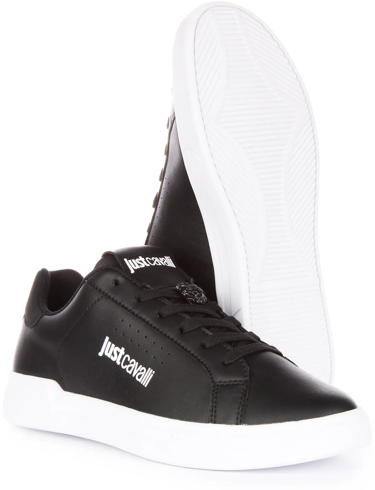 Just Cavalli Fondo Zapatillas con cordones de piel sintética para hombre en blanco