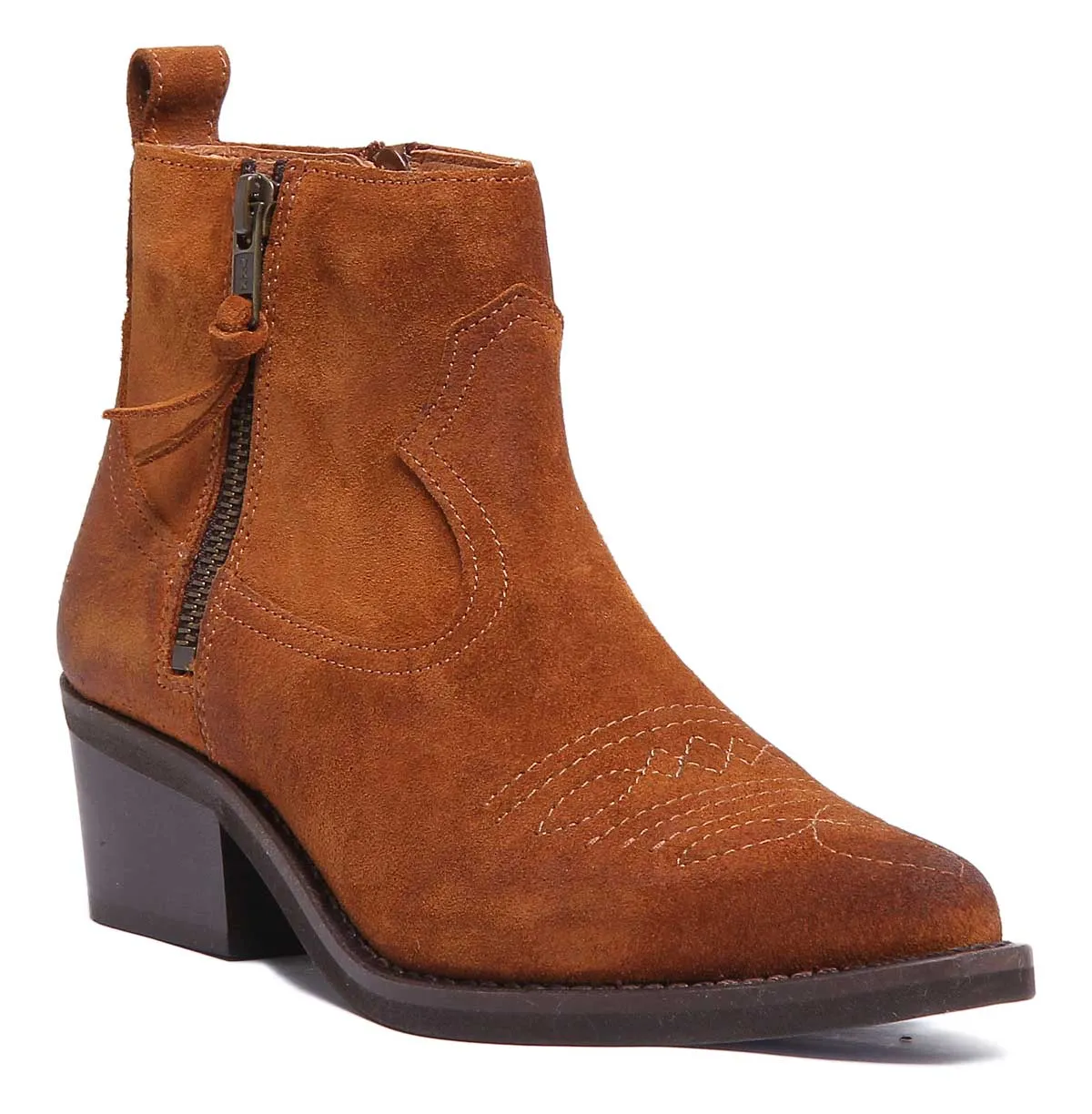 JUSTINREESS Cassidy Bota corta de cuero de ante para mujer en bronceado