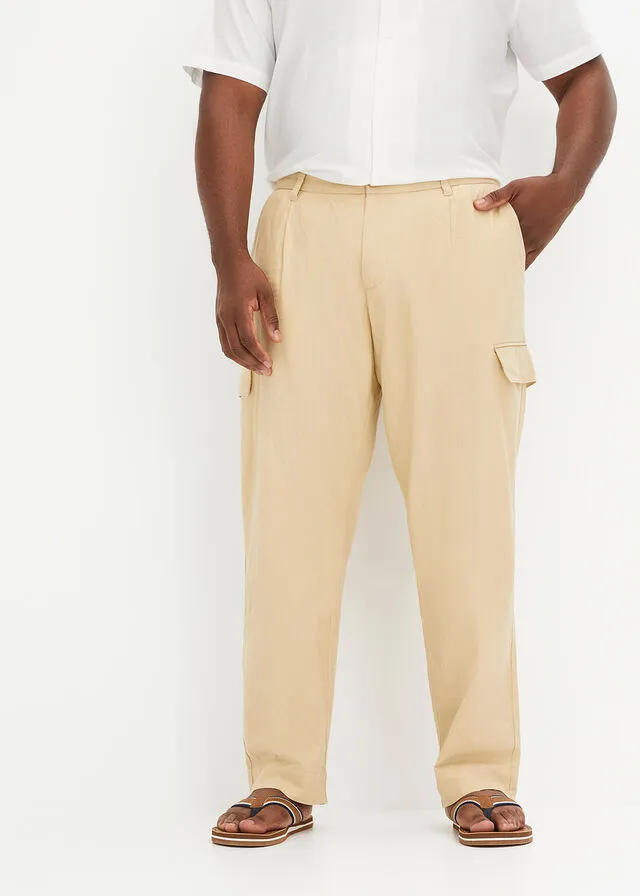 Pantalón cargo regular fit con lino, straight Café con leche