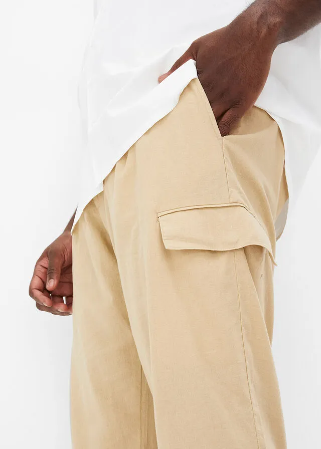 Pantalón cargo regular fit con lino, straight Café con leche
