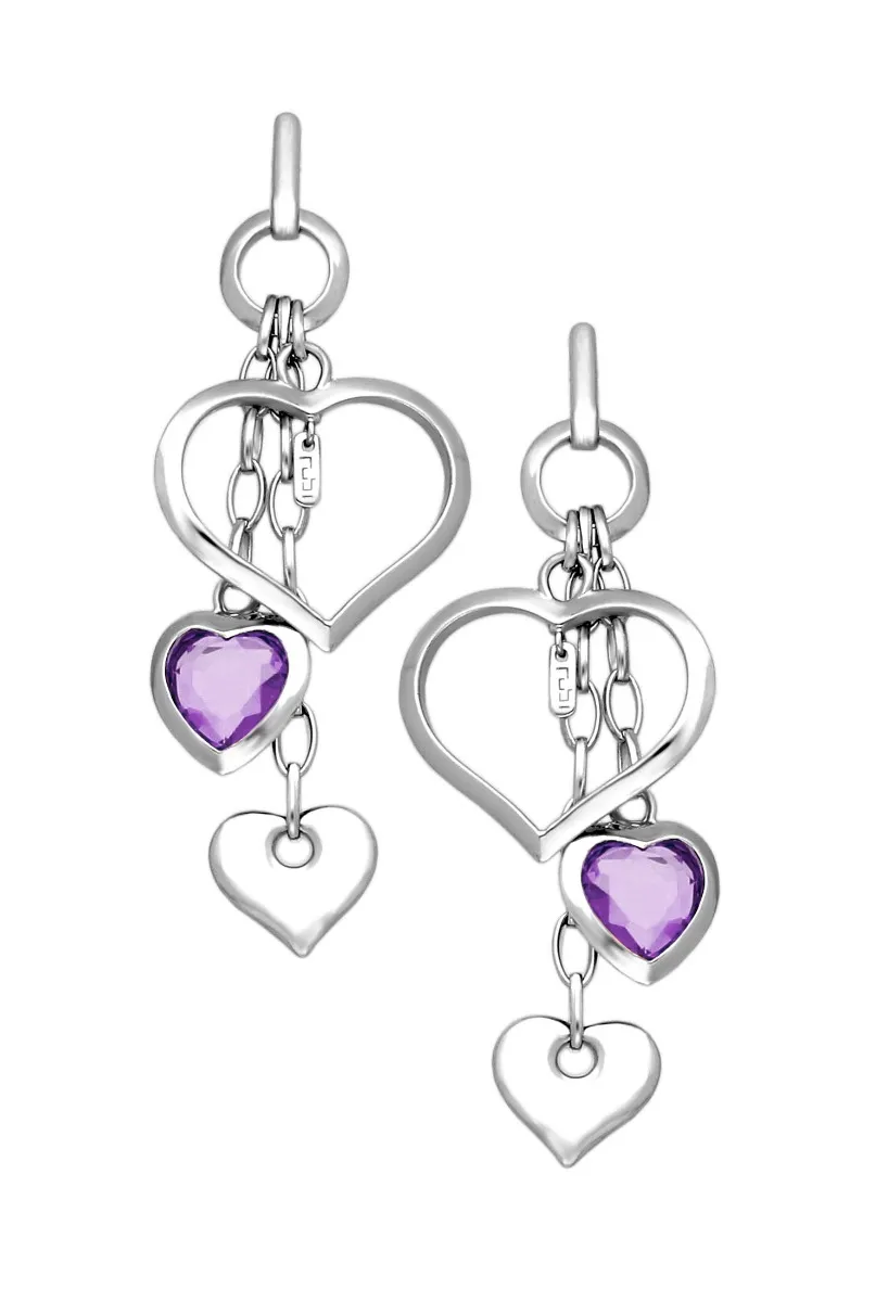 Pendientes largos en plata y amatista con talla corazón 103_SE004A08
