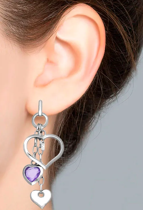 Pendientes largos en plata y amatista con talla corazón 103_SE004A08