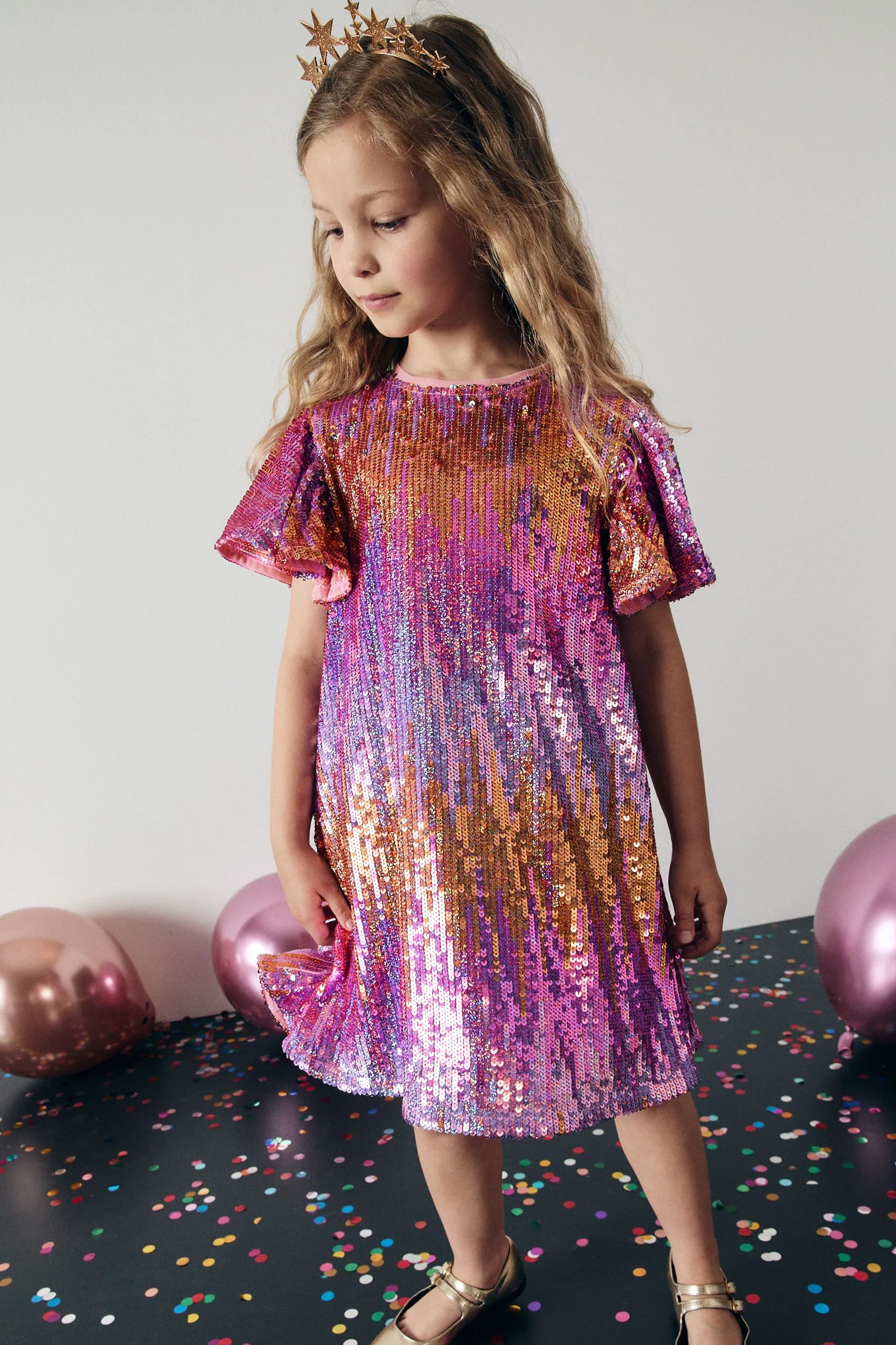 ROSA/DORADO  VESTIDO DE FIESTA BRILLANTE CON LENTEJUELAS (3 A 16 AñOS)