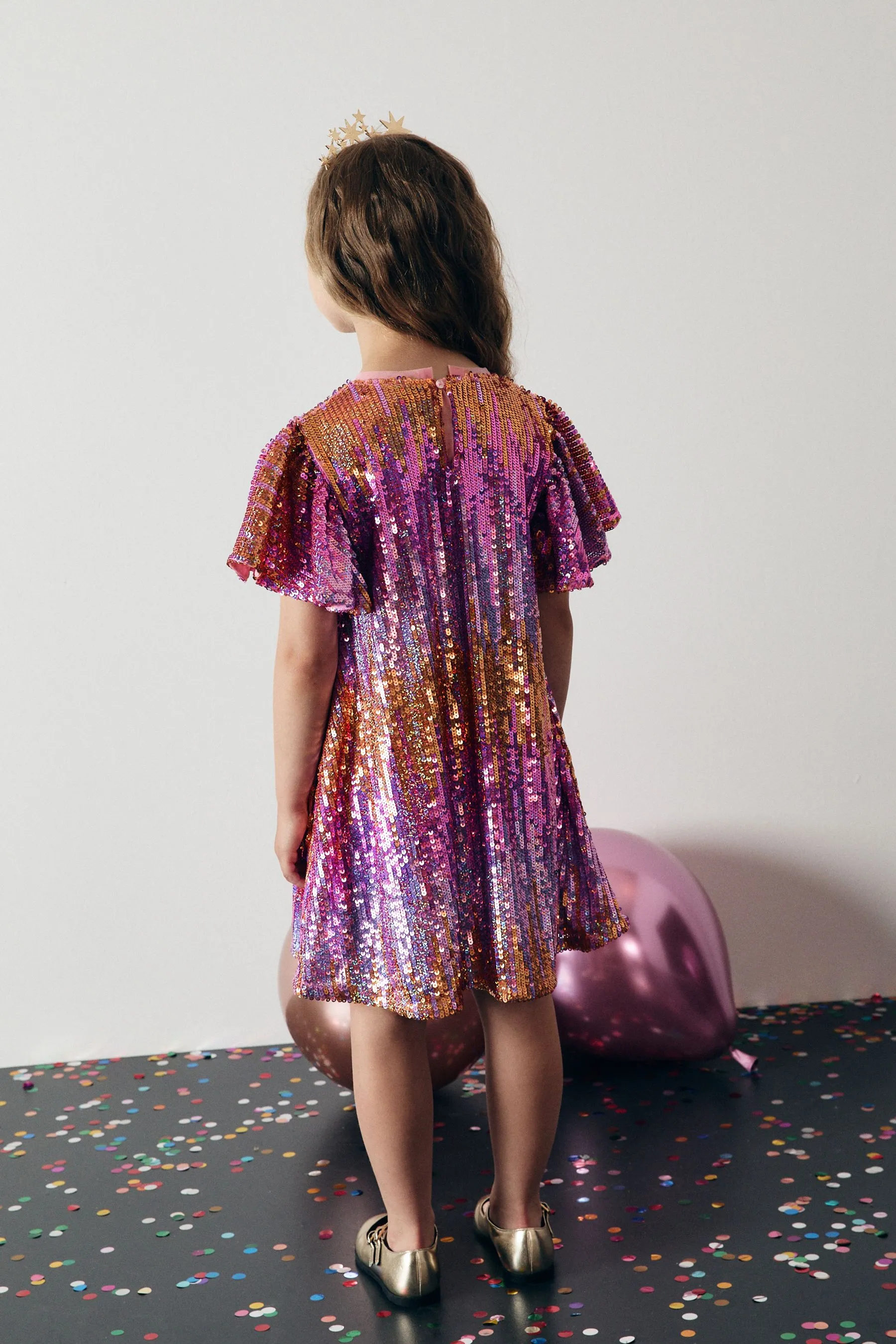 ROSA/DORADO  VESTIDO DE FIESTA BRILLANTE CON LENTEJUELAS (3 A 16 AñOS)