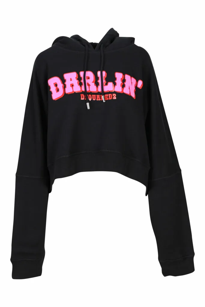 Sudadera negra con capucha y maxilogo fucsia 