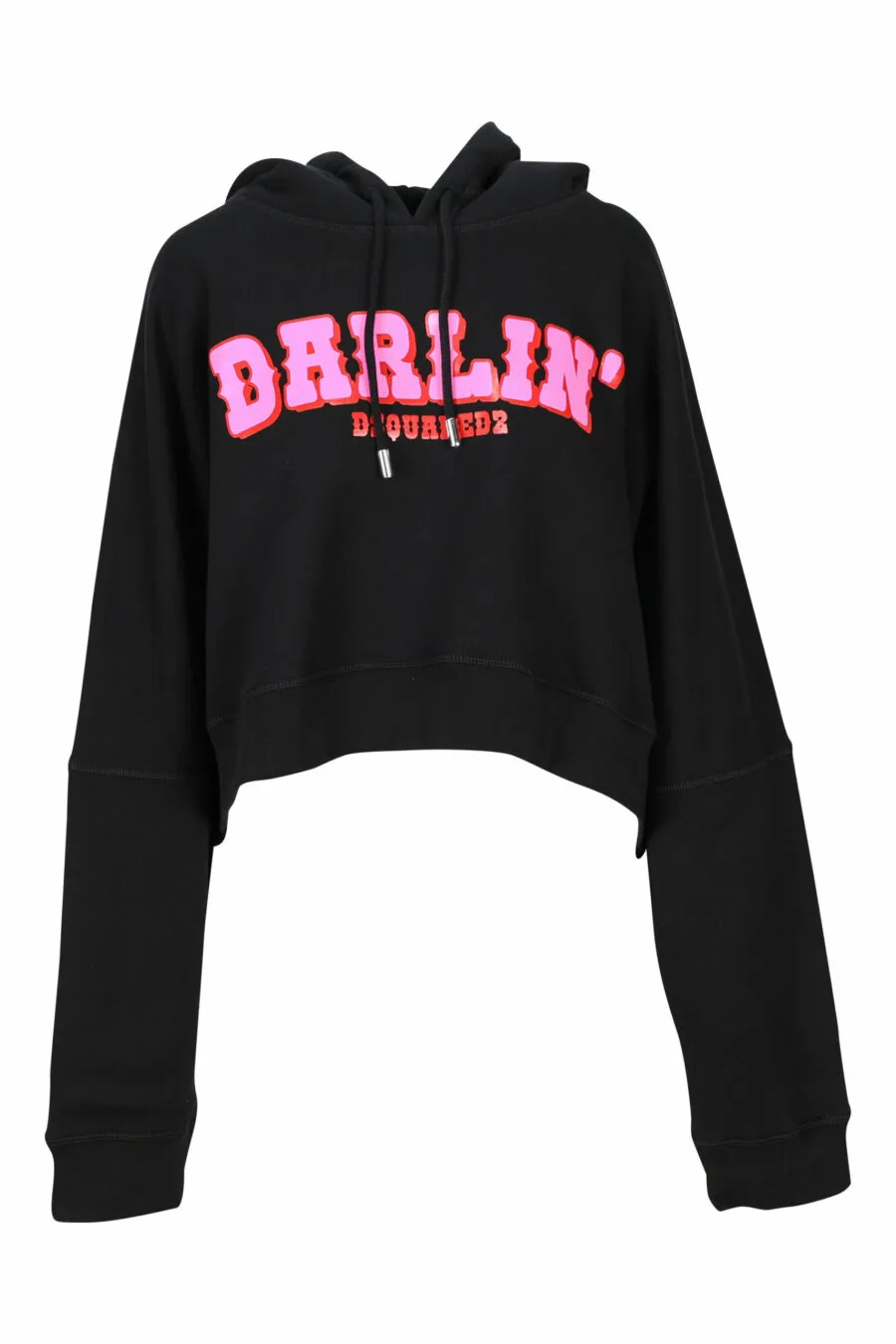 Sudadera negra con capucha y maxilogo fucsia 