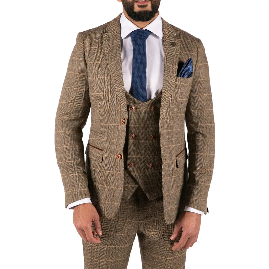 Traje tweed en tejido espiga color marrón opaco con 3 piezas para hombre