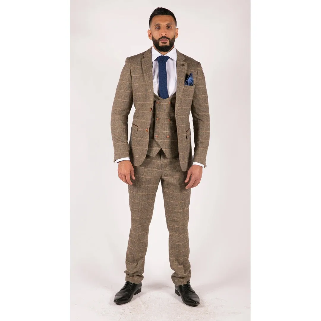 Traje tweed en tejido espiga color marrón opaco con 3 piezas para hombre