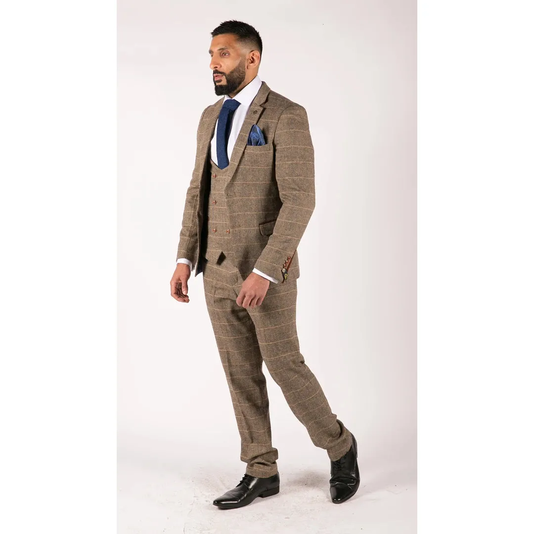 Traje tweed en tejido espiga color marrón opaco con 3 piezas para hombre