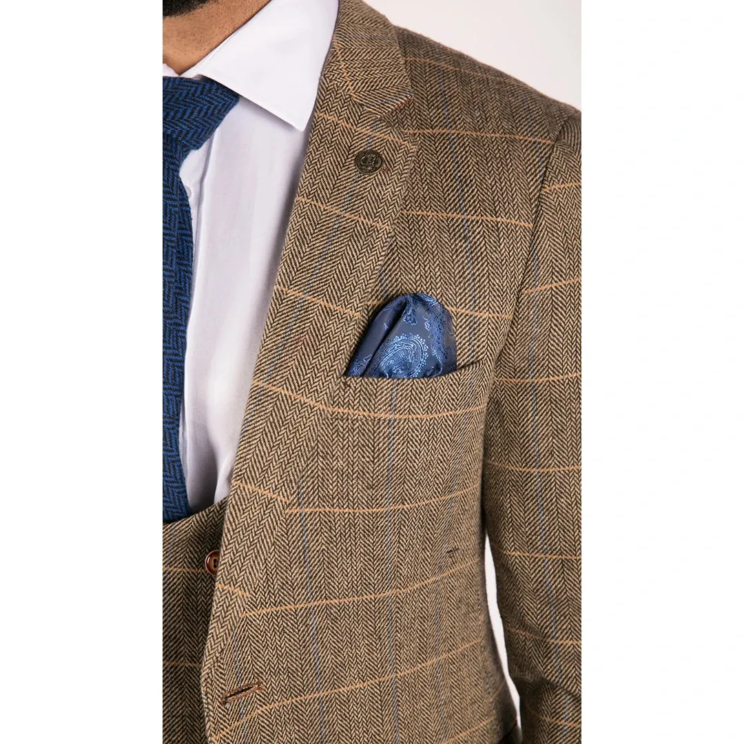 Traje tweed en tejido espiga color marrón opaco con 3 piezas para hombre