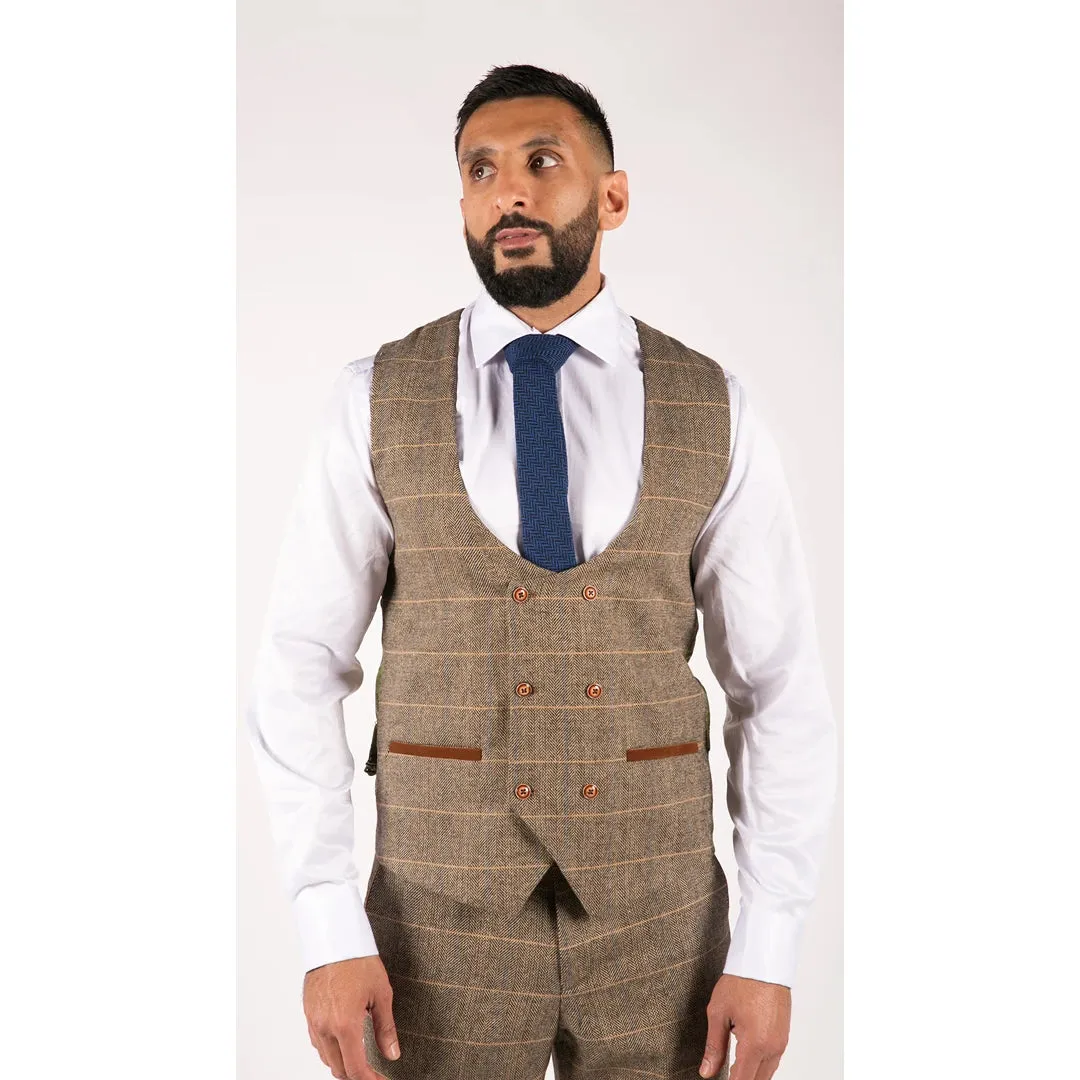 Traje tweed en tejido espiga color marrón opaco con 3 piezas para hombre