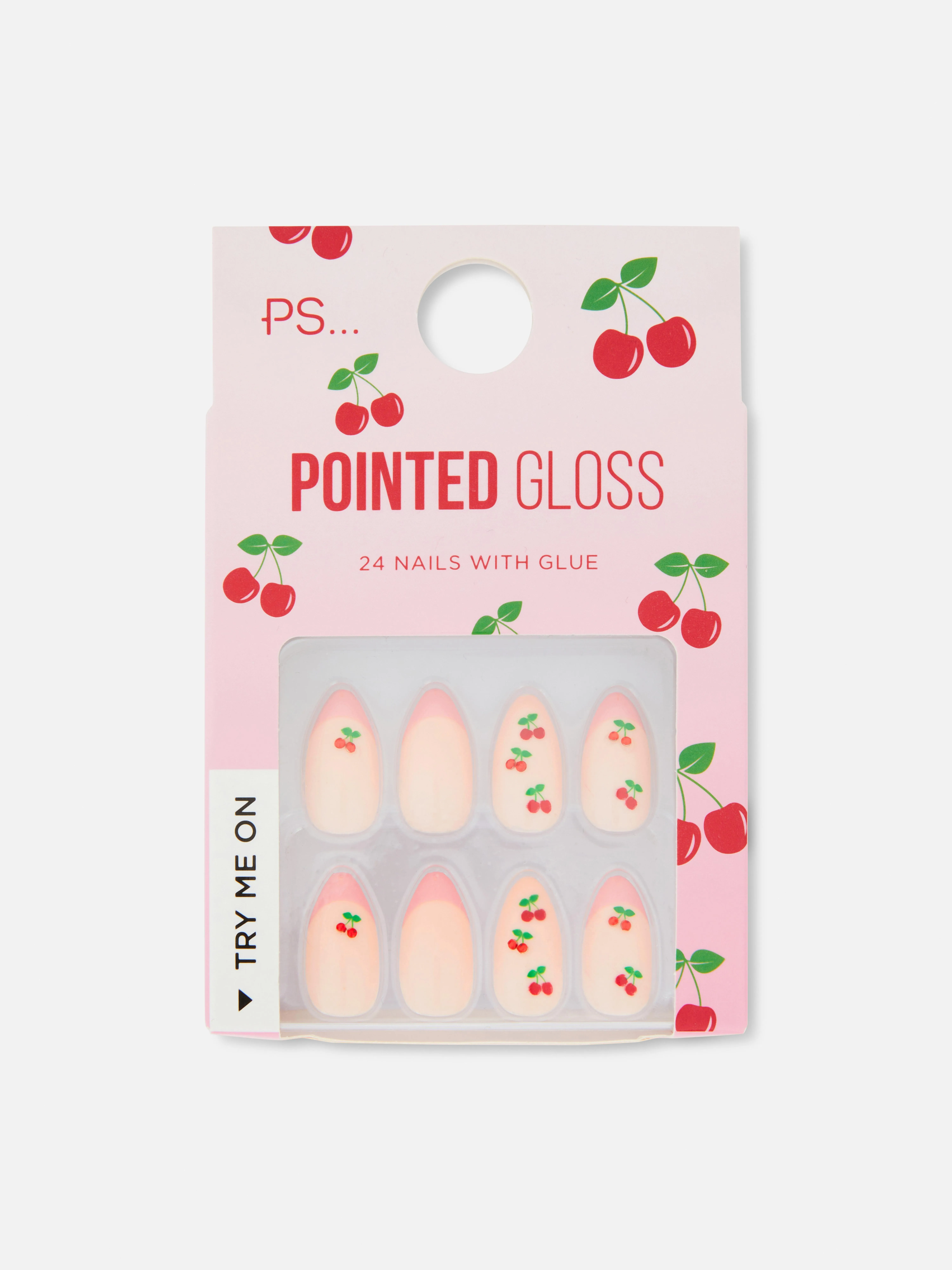 Uñas postizas brillantes puntiagudas con cerezas de PS...